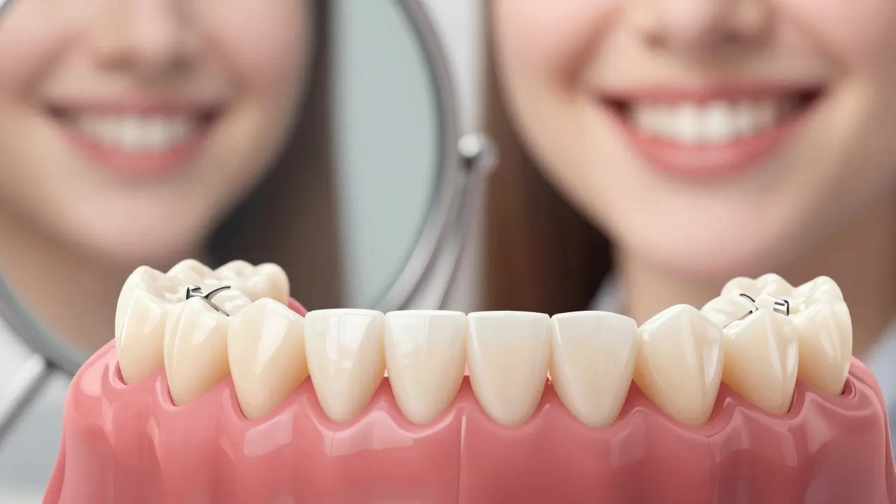 Částečná protéza s neviditelnými keramickými rovnátky připevněnými k přirozeným zubům.