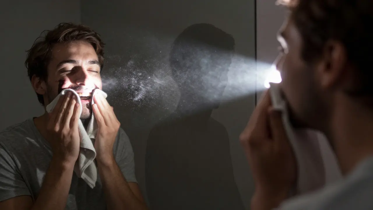 Člověk odstraňuje černý nálepek z zubů a jeho odraz se proměňuje v energickou verzi