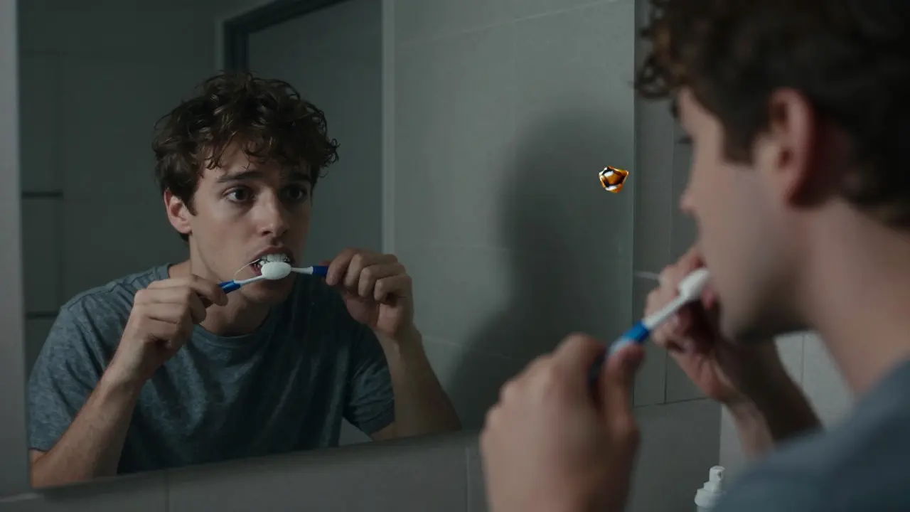 Člověk se dívá do zrcadla, jeho odraz ukazuje zanedbávání zubní nitě a přijímání sladkého jídla.