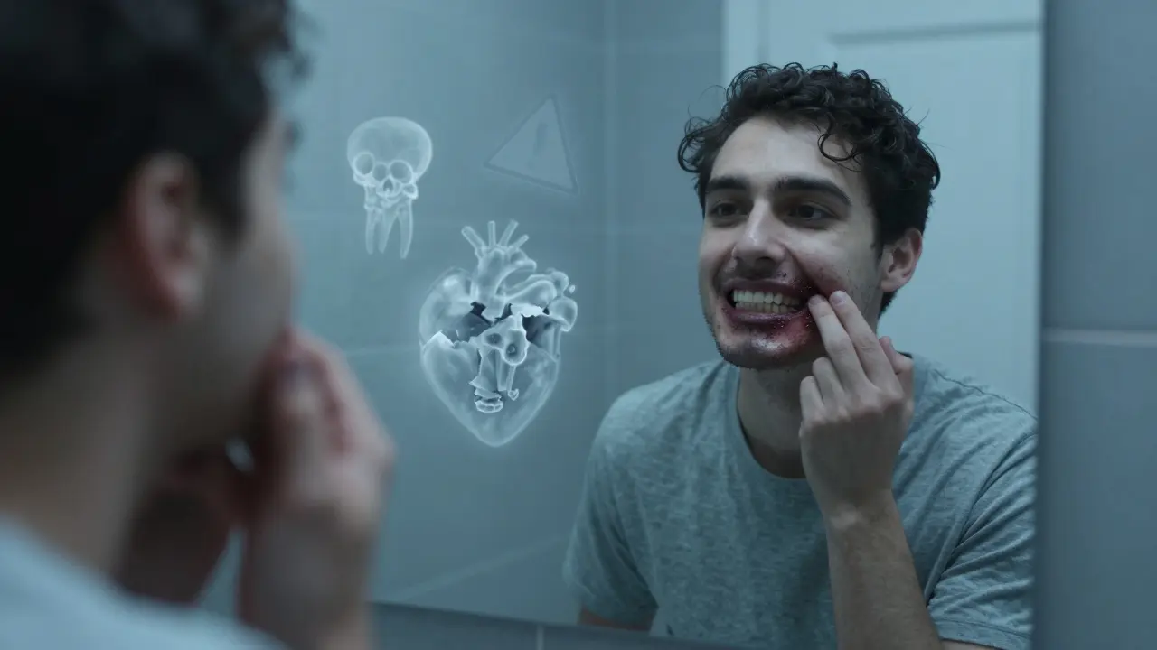 Člověk v zrcadle s viditelnými skrytými důsledky zubního kamene.