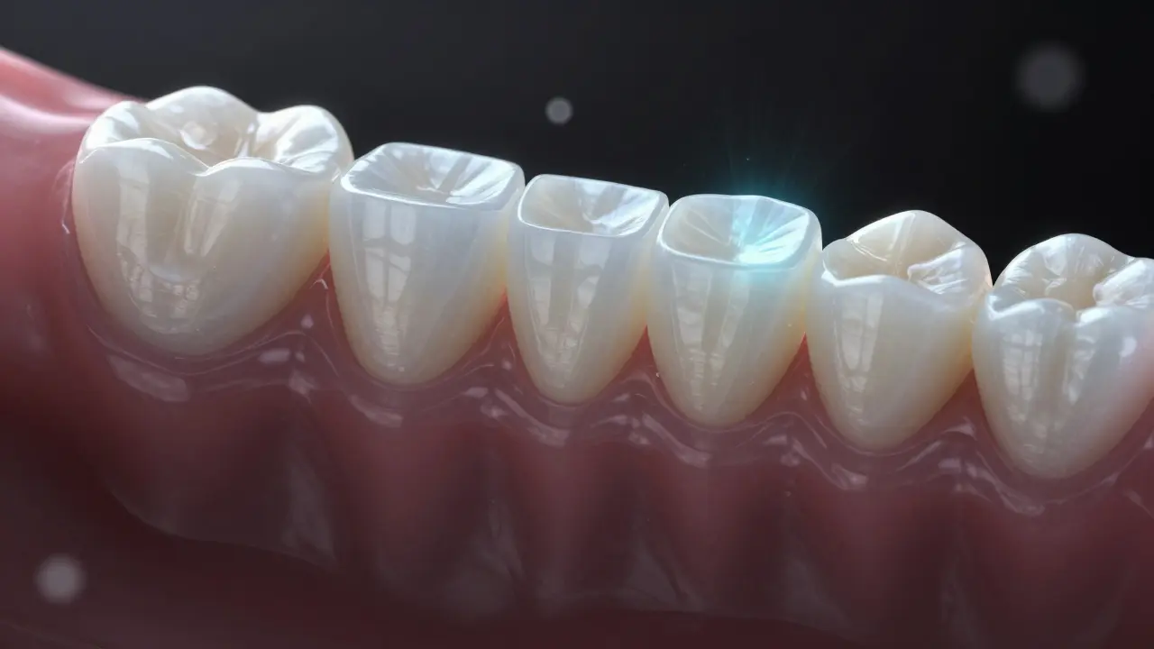 Cross-section of a multi-layered ceramic dental crown showing natural tooth structure and fluorescence.