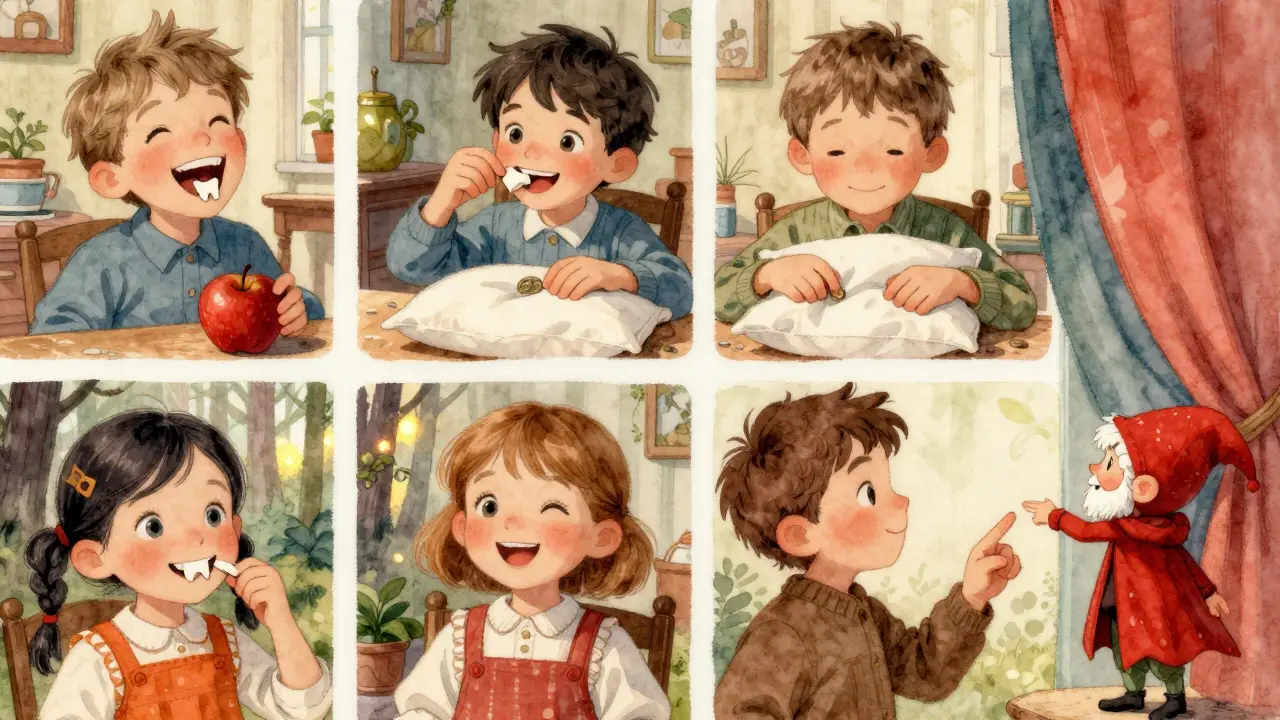 Děti různých věků oslavují ztrátu zubu v různých situacích – v domě, venku, s dárky.