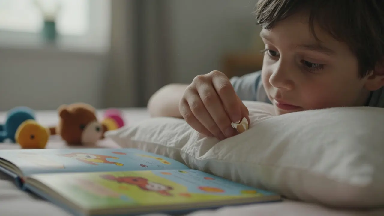 Dítě klade zub pod polštář s výrazem pyšnosti a očekávání.