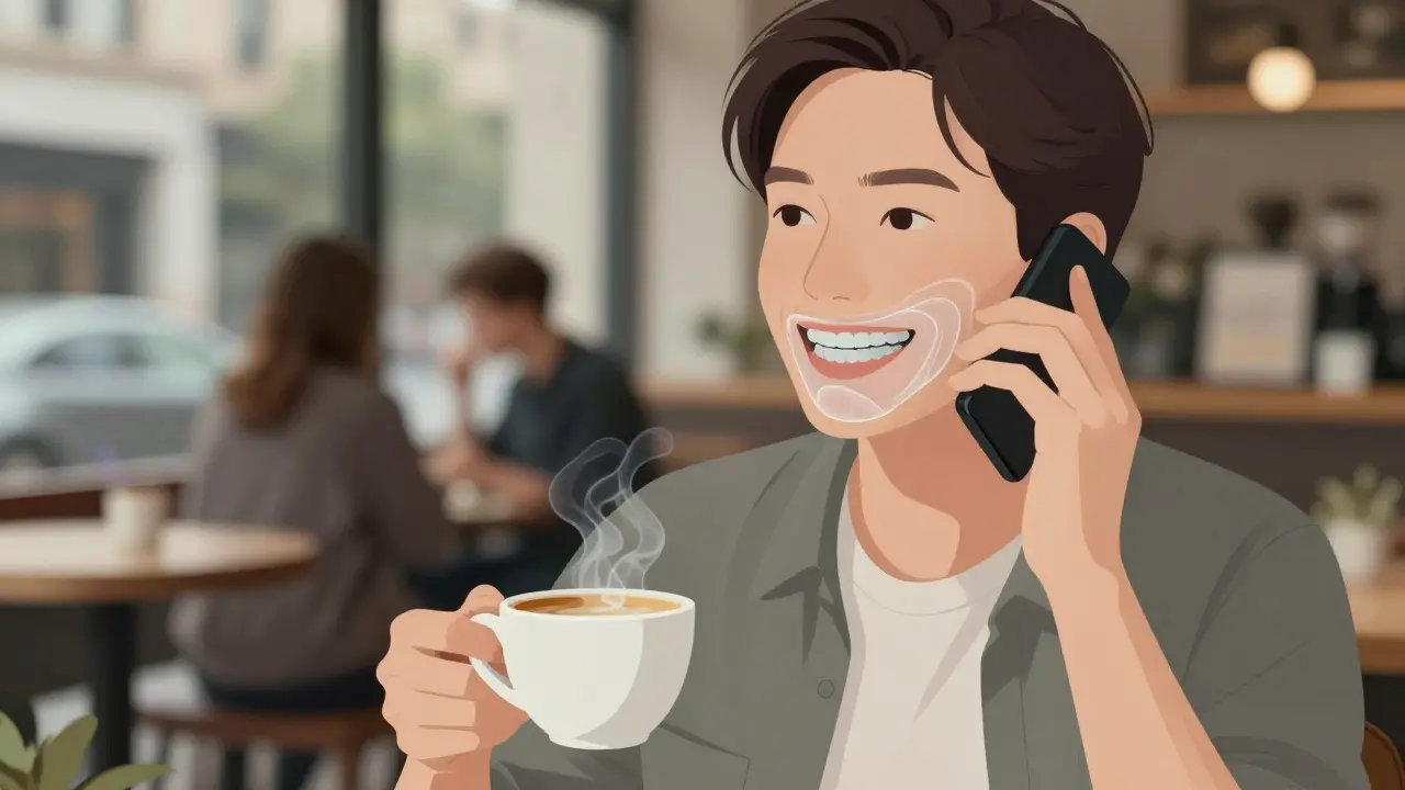 Dospělý nosí téměř neviditelné snímací rovnátko během běžného dne v kavárně.