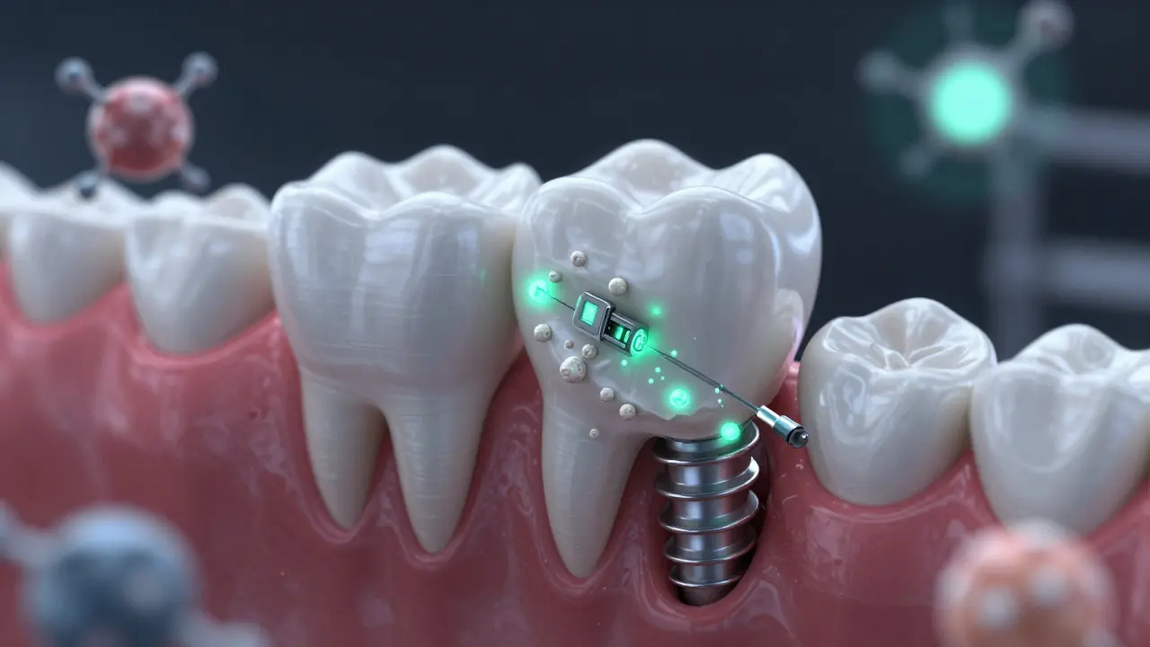 Futuristic bioactive ceramic tooth implant releasing minerals to repair enamel damage.