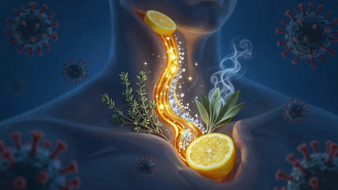 Ilustrace hltanu s přirozenými léčivými prvkami vyzařujícími světlo.