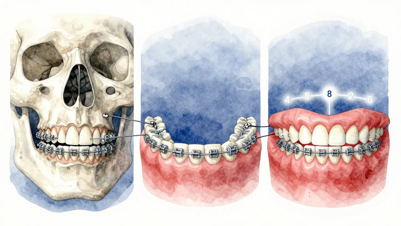 Ilustrace postupného posunu zubů pod vlivem rovnátek s časovou osou kontrol.