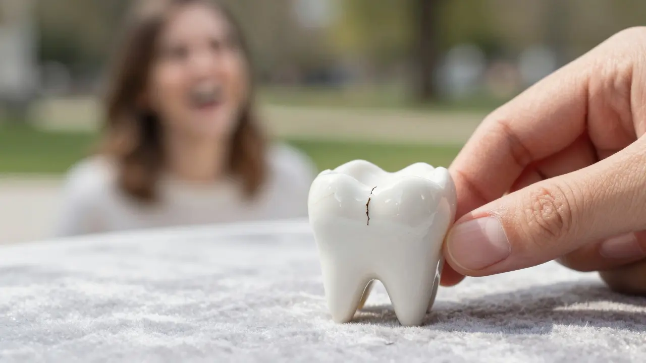 Keramická korunka a poškozený zub leží na sametové látkě, symbolizující léčbu a obnovu úsměvu.