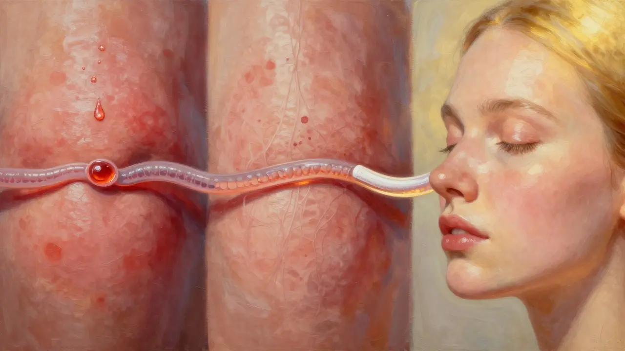 Koncepční obraz ukazuje postupné hojení kůže od otoku přes tvorbu kolagenu až k zdravému záření.