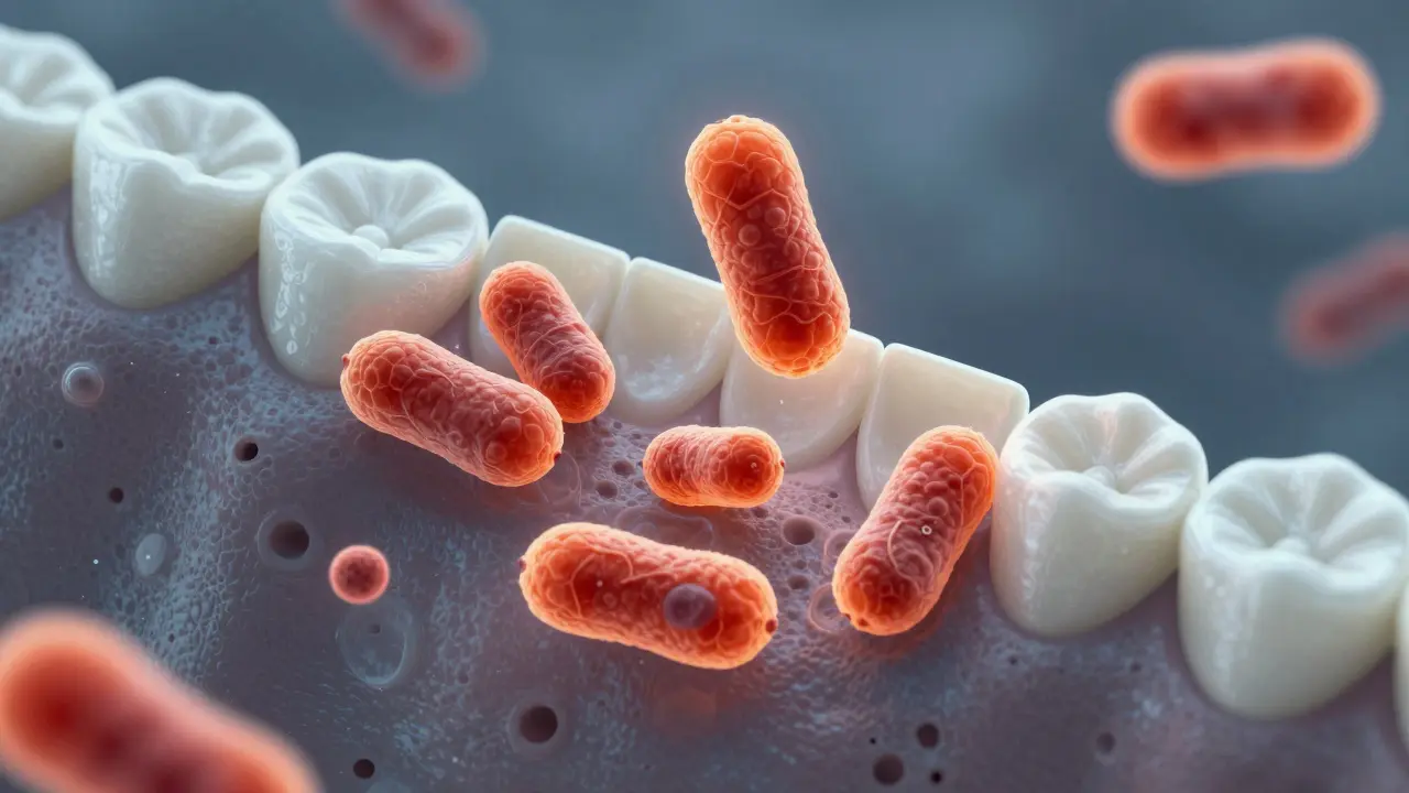 Mikroskopický pohled na bakteriální plak na povrchu zubní protézy.