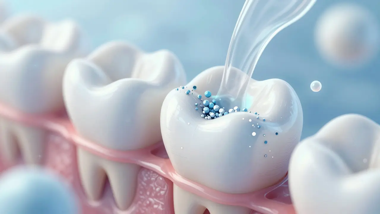 Mikroskopický pohled na obnovu zubního emailu minerály a hydroxypatitem.