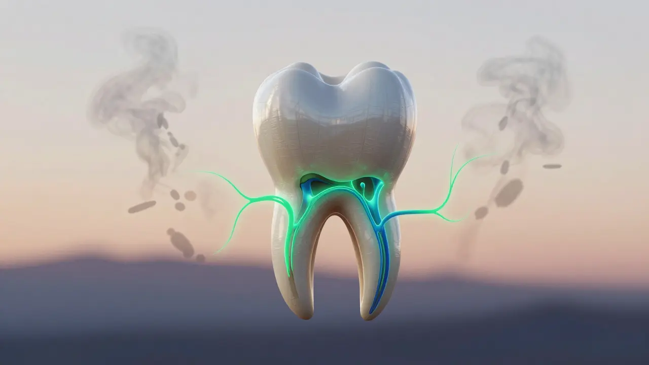 Obnovující se kost kolem kořene zubu po úspěšné léčbě, s korunkou na vrcholu.