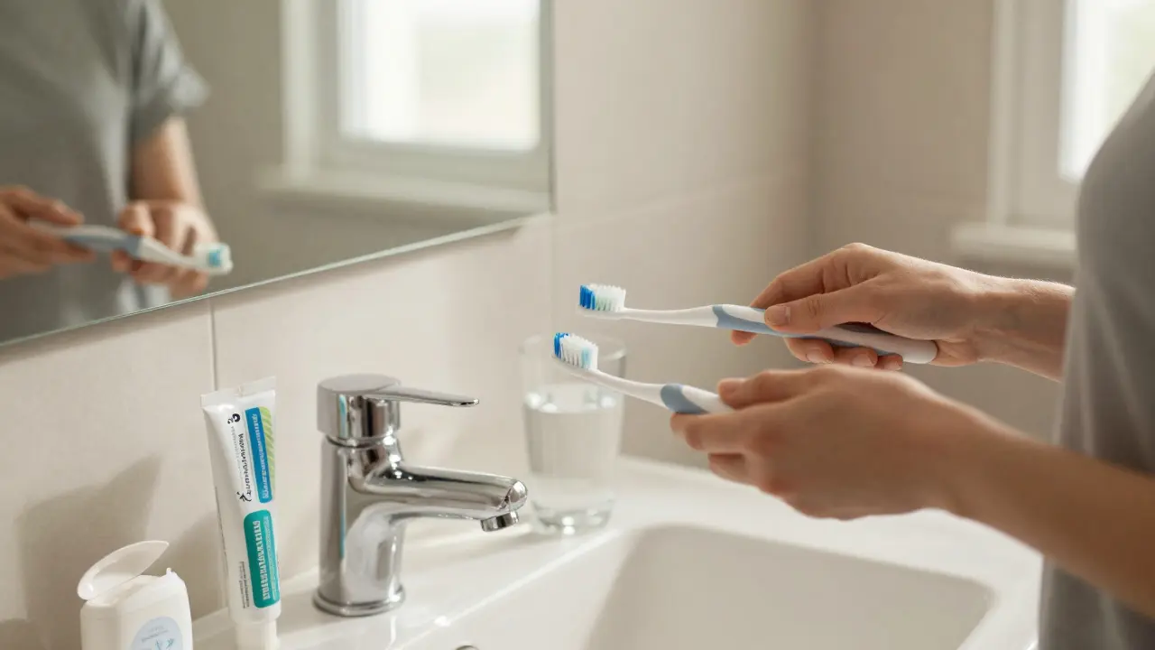 Osoba jemně čistí zuby měkkým elektrickým kartáčkem s kruhovými pohyby.