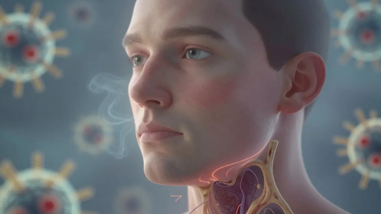 Oteklá tvář s viditelnými zvětšenými lymfatickými uzlinami pod bradou.