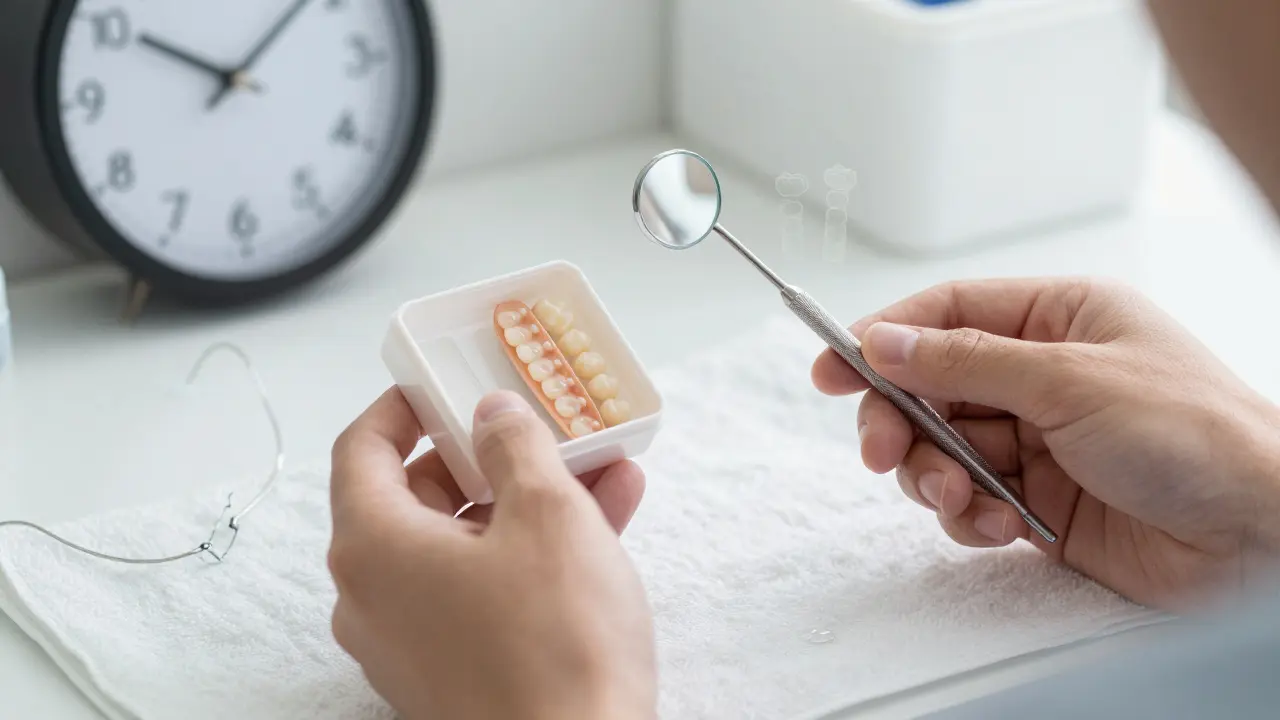 Pacient drží použité elastiky a zlomený drát, symbolizující péči o rovnátka.