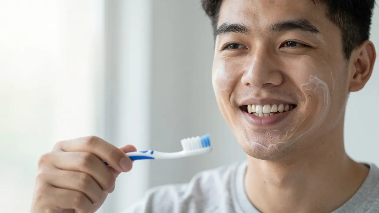 Pacient se usmívá po úspěšné kyretáži s představou obnovy kosti pod dásněmi.