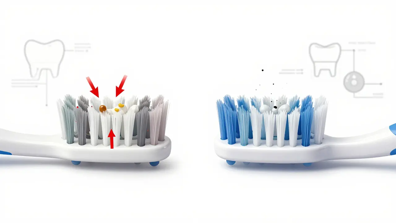 Porovnání běžného a jednosvazkového kartáčku při čištění mezizubních prostorů.