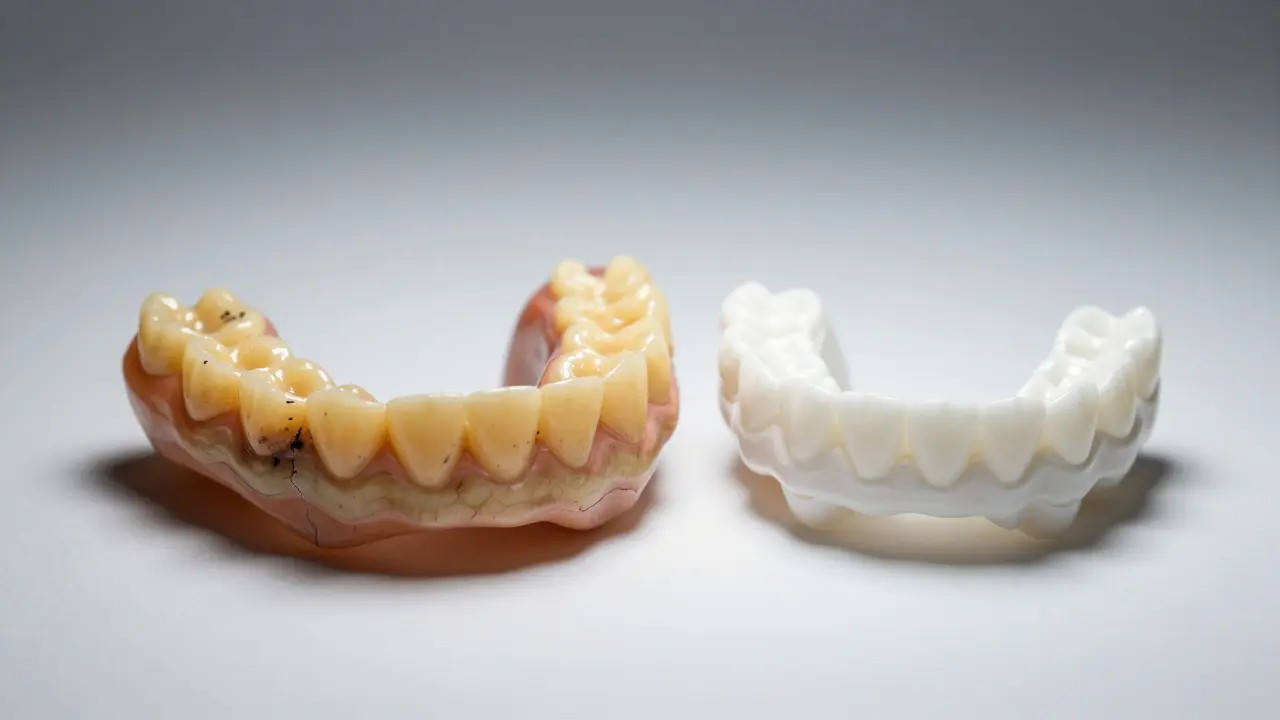 Porovnání poškozené a čisté zubní protézy s zubním kamenem.