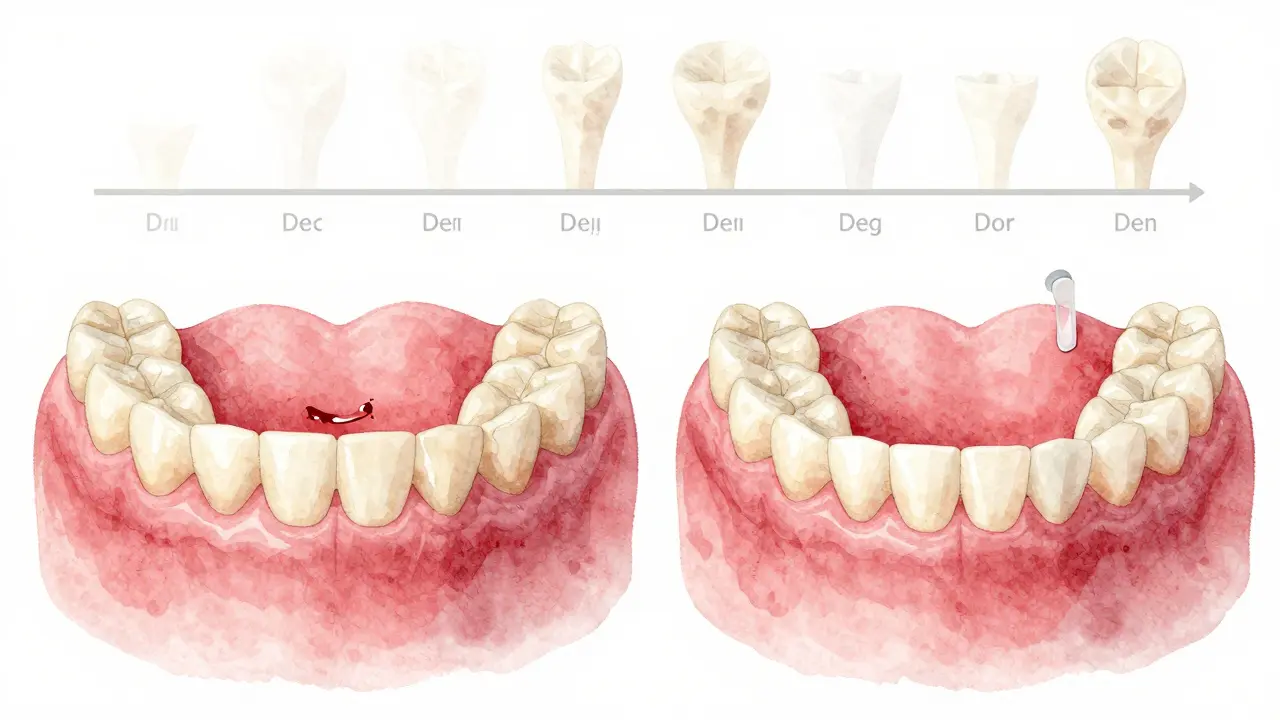 Porovnání špatného a správného přilepení protézy: podrážděné dásně vs. zdravá anatomie.