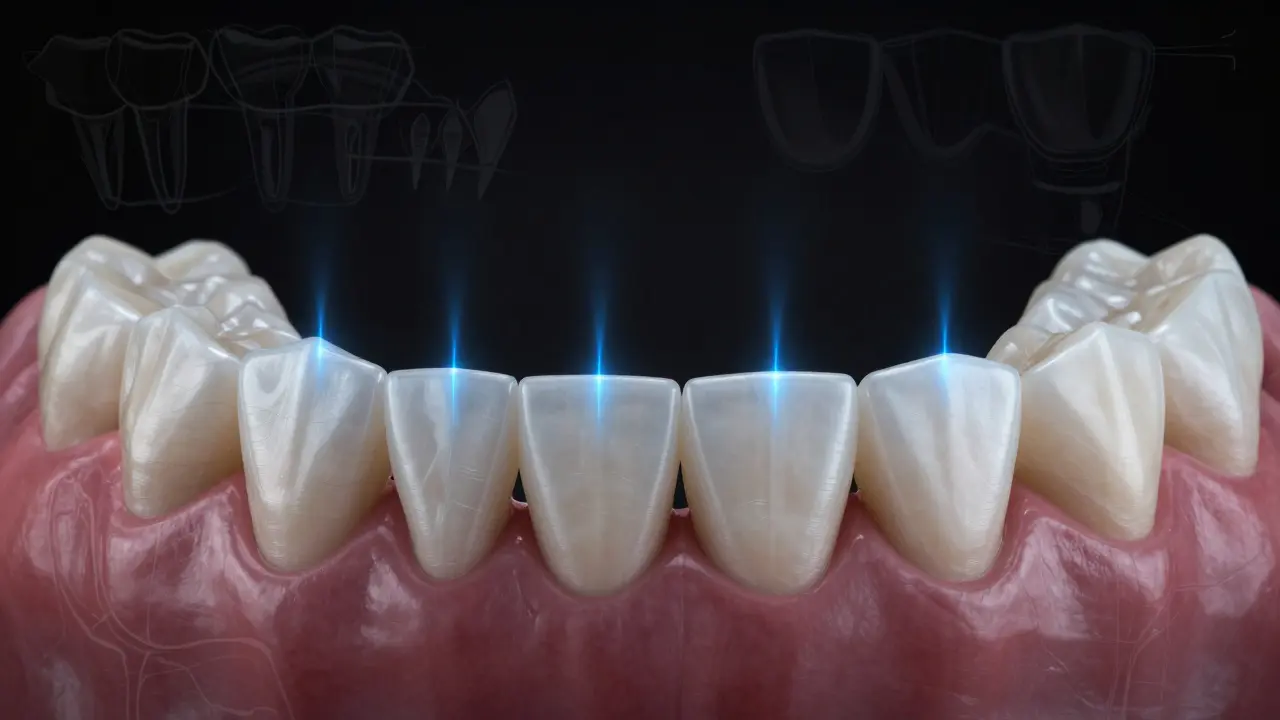 Před a po: nerovné opotřebení zubů vs. rovnoměrné fazety, které zajišťují správný kontakt.