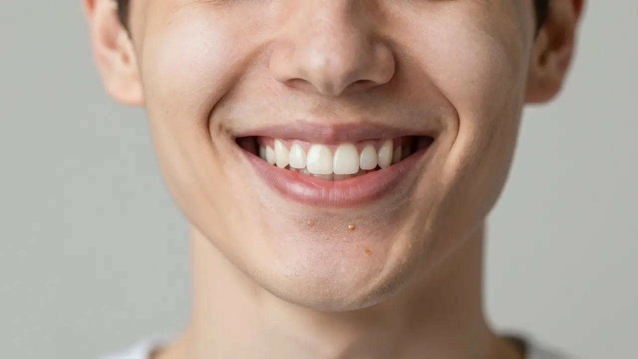 Před a po: zdravé zuby po odstranění zubního kamene s přechodným zobrazením starého nánosu.