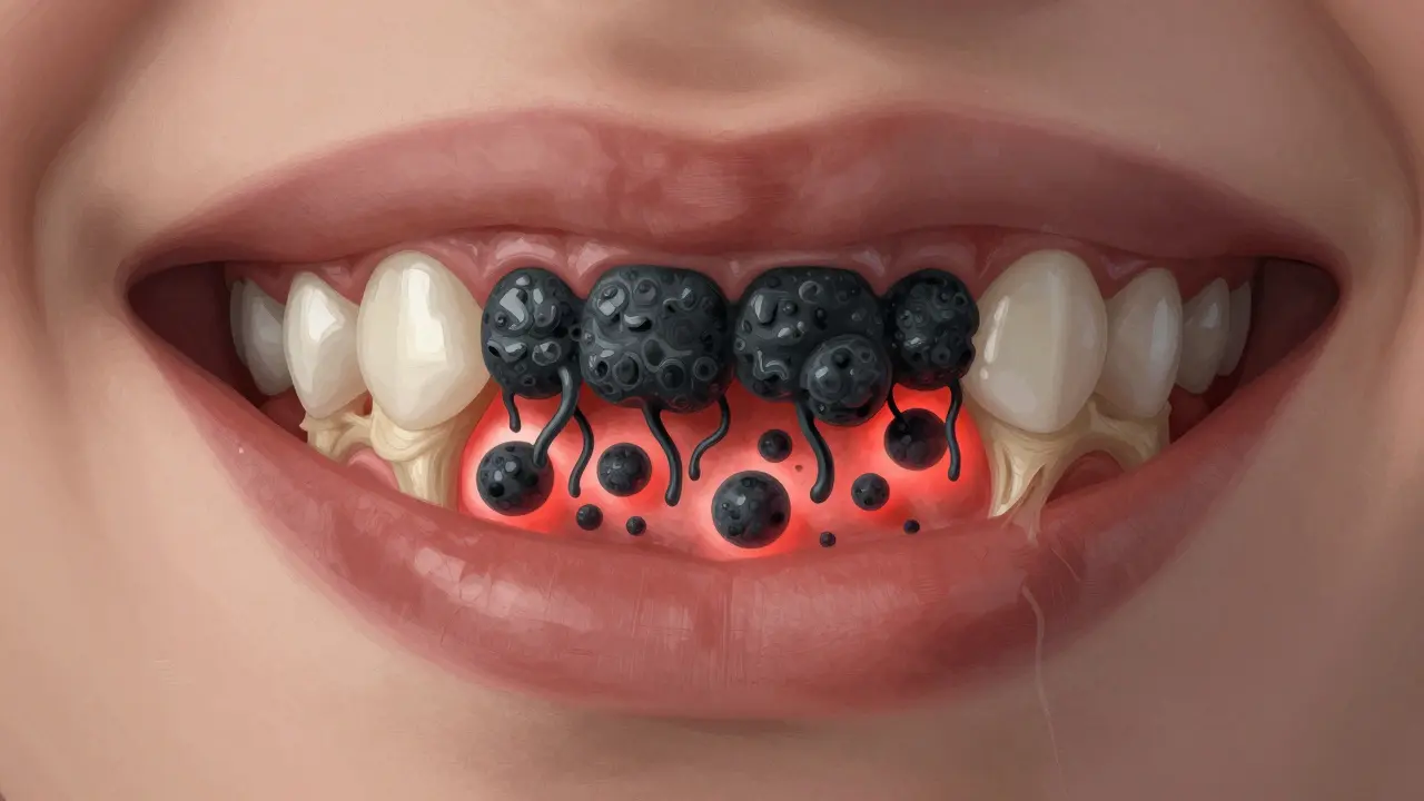 Přehled ústní dutiny s kamenem pod dásní a ničením kosti.