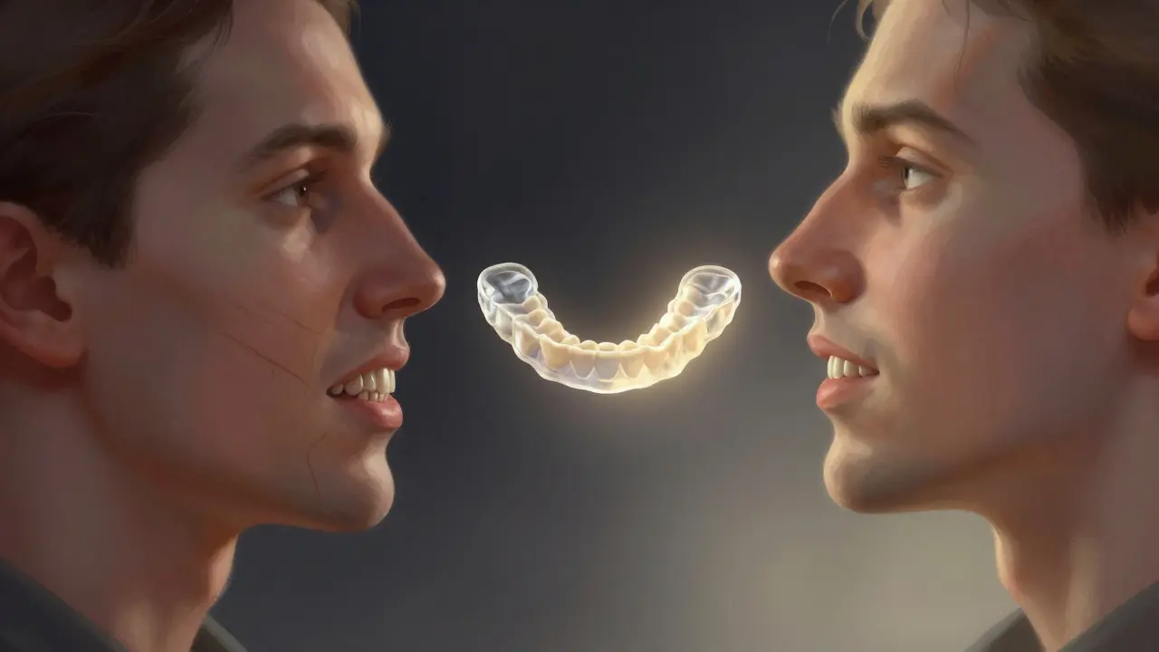 Převod křížového skusu na správné zarovnání zubů s náznakem rovnátka vedení.