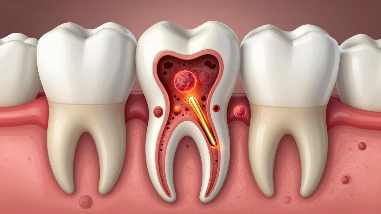 Příčný řez zubem s infekcí v kořeni a poškozenou okosticí, s vyplněnými kanálky.