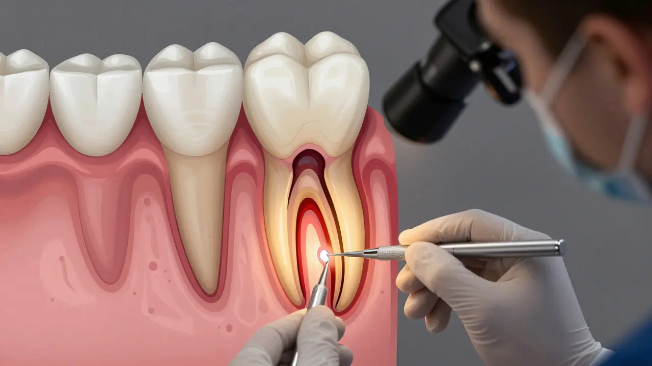 Průřez zubem ukazující postup kazu od emalové vrstvy k pultě.