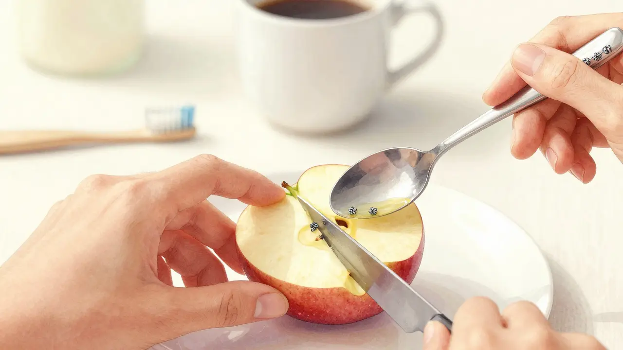 Ruka řeže jablko na tenké plátky, připravuje se na jídlo s keramickými rovnátky.