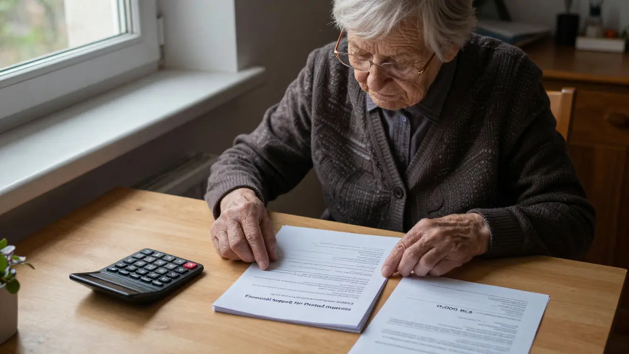 Seniorka v domácnosti prohlíží dokument o finanční podpoře na implantát.