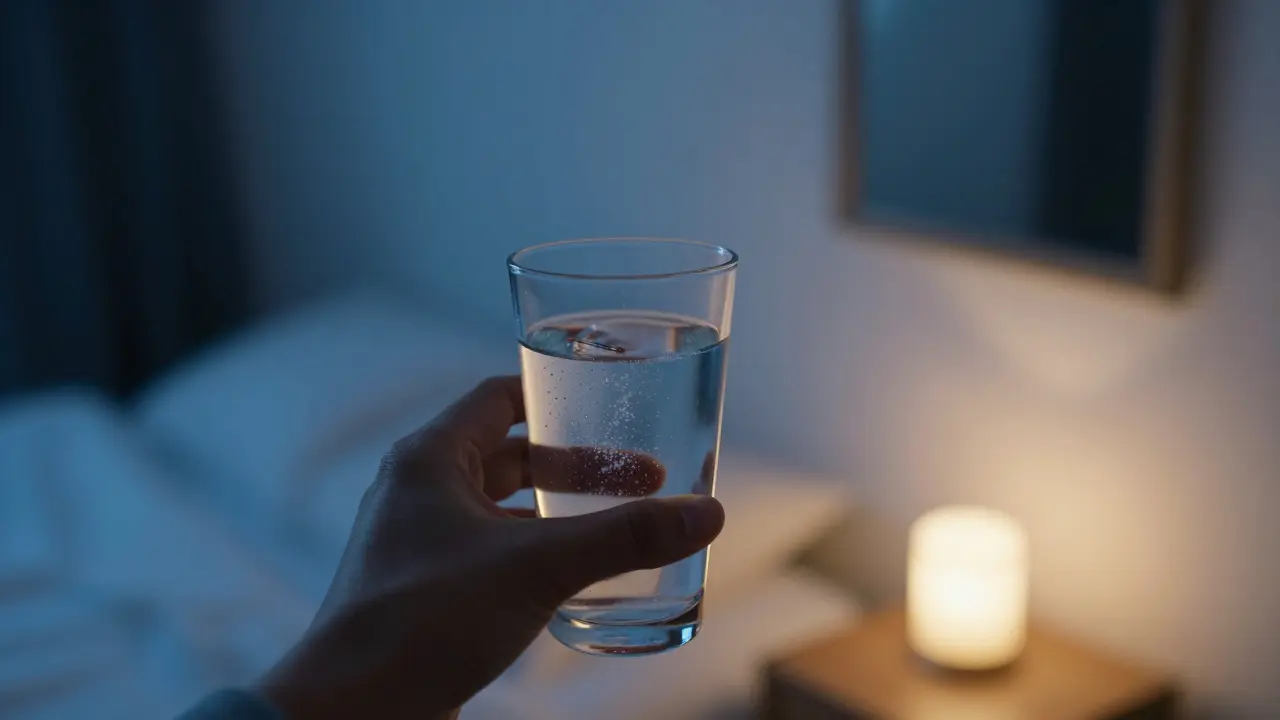 Sklenice vody s solí vedle postele s odrazem rovnátek v zrcadle.