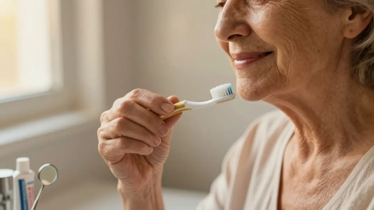 Starší žena používá jednosvazkový kartáček s pohodlnou rukojetí.