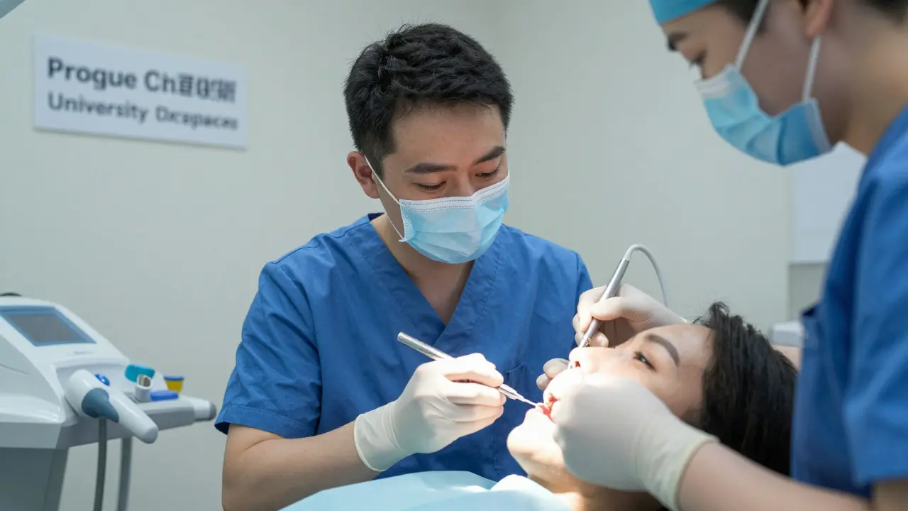 Student zubního lékařství provádí implantát pod dohledem v univerzitní klinice.