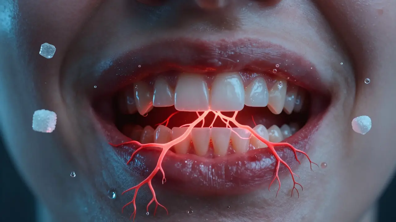 Surreální ilustrace kyseliny šířící se mezi zuby, doprovázená cukrem a sušícími se slinami.