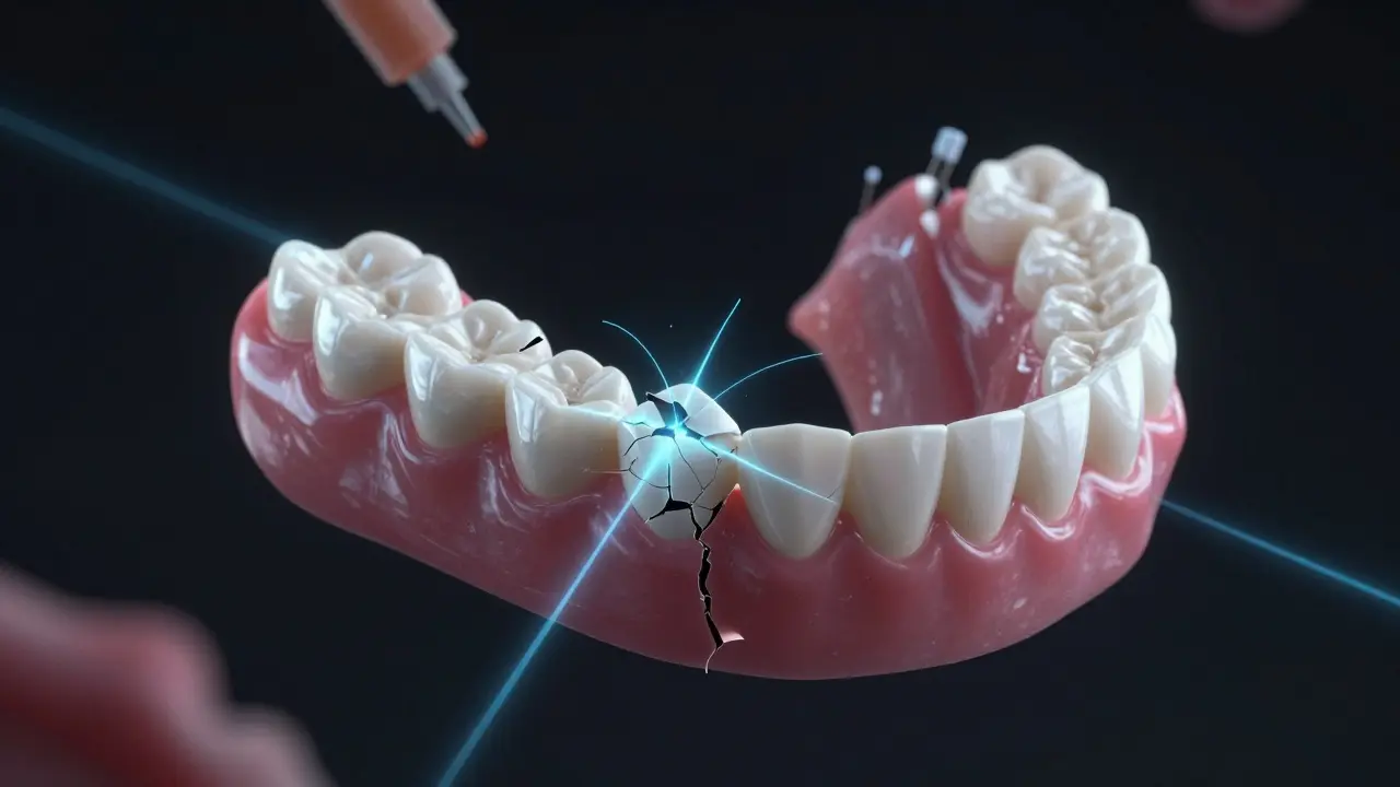 Symbolický obraz poškozené protézy s keramickými rovnátky obnovujícími stabilitu.