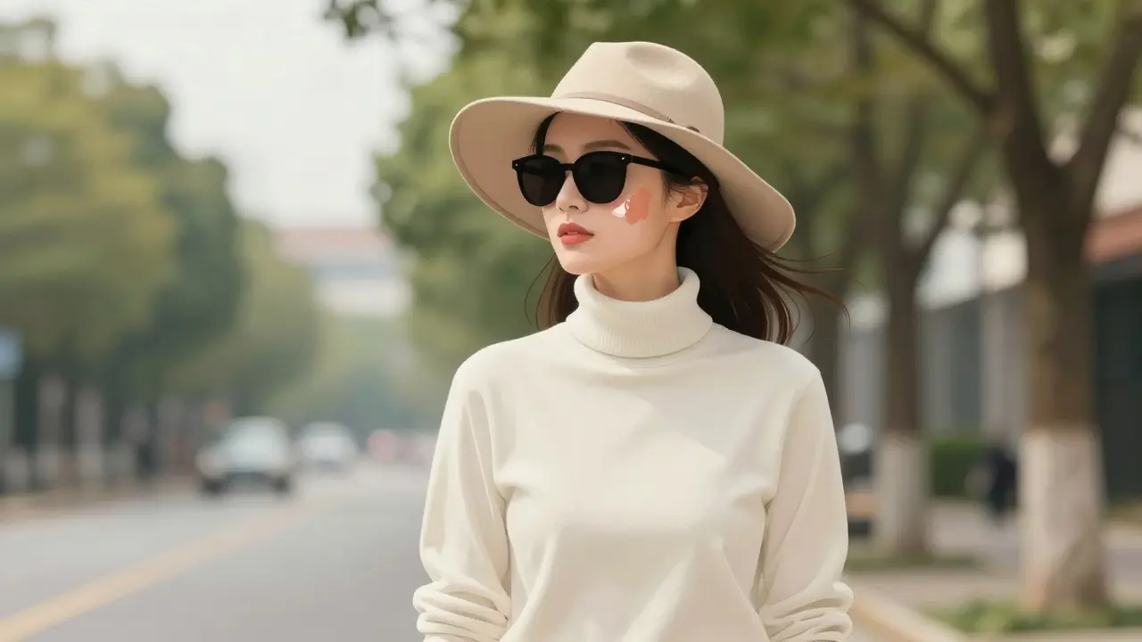 Žena prochází ulicí v široké čepici a slunečních brýlích, lehce viditelné odlupování kůže, bez make-upu.