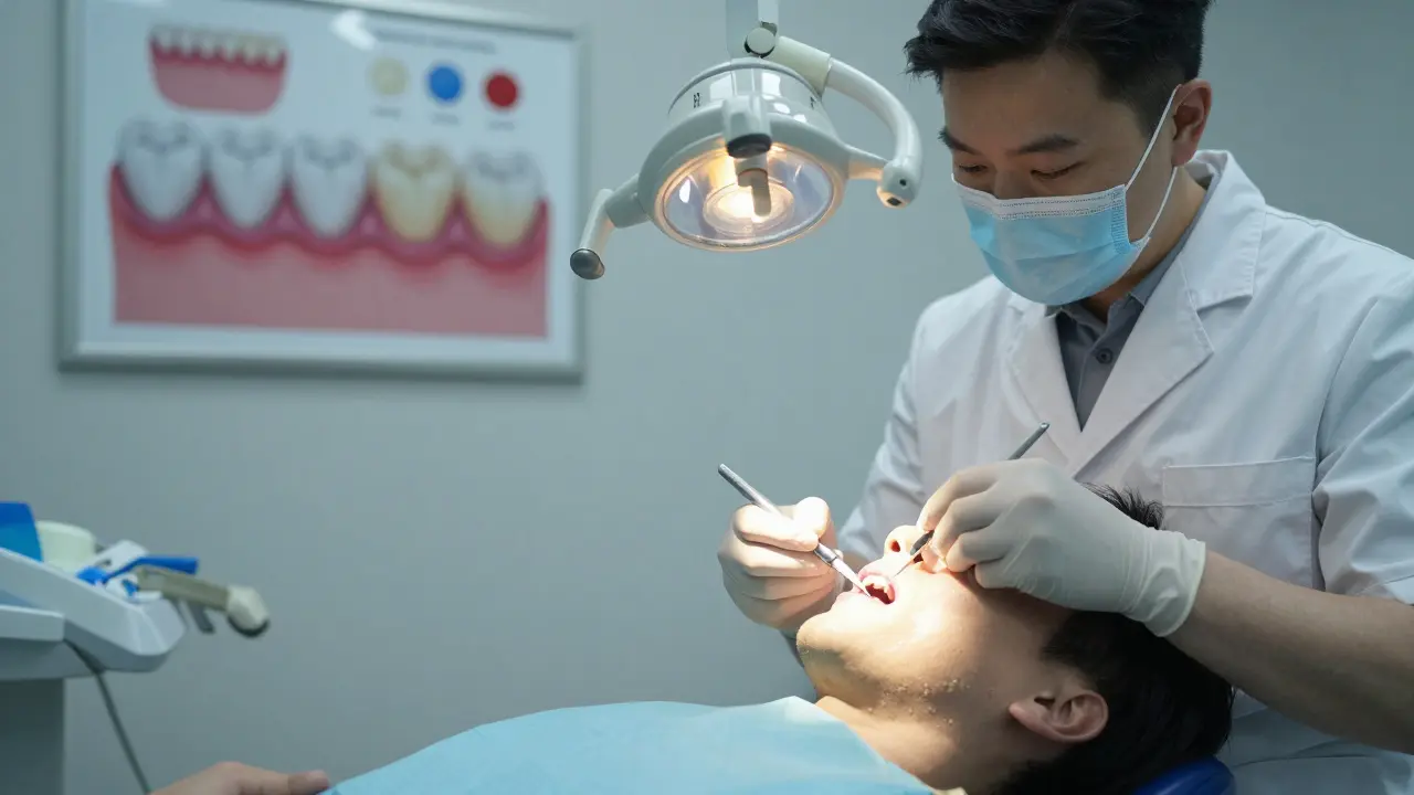 Zubař aplikuje ochranný povlak na vystavený kořen zubu v klinice.