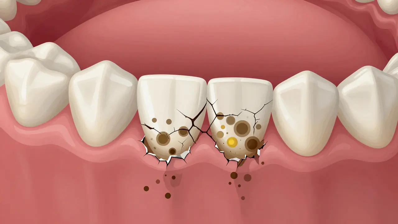 Zubní kámen jako tvrdý nános na základě zubů s viditelnými bakteriemi pod povrchem.