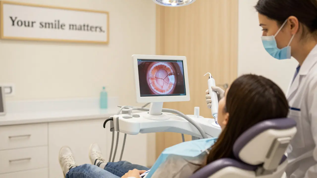 Zubní lékař používá digitální skener k vyšetření praskliny na zubu v moderní klinice.