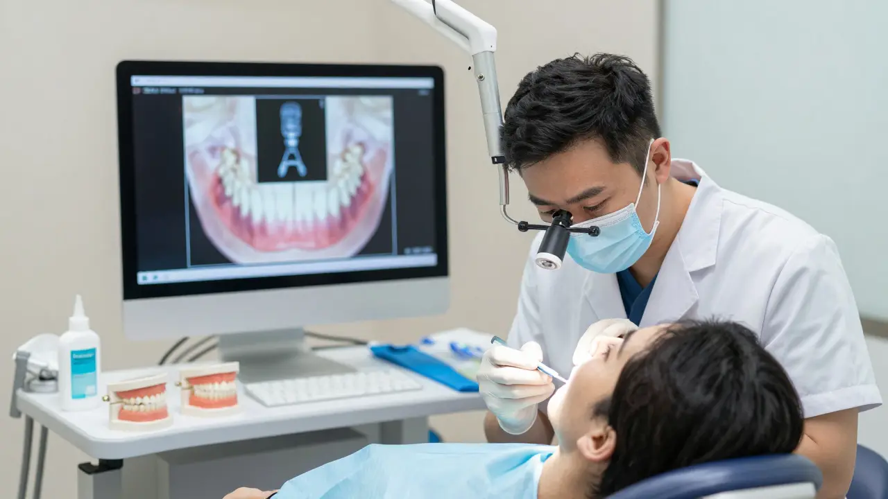 Zubní lékař prohlíží protézu pod zvětšovací lampou, na pozadí digitální sken čelisti.