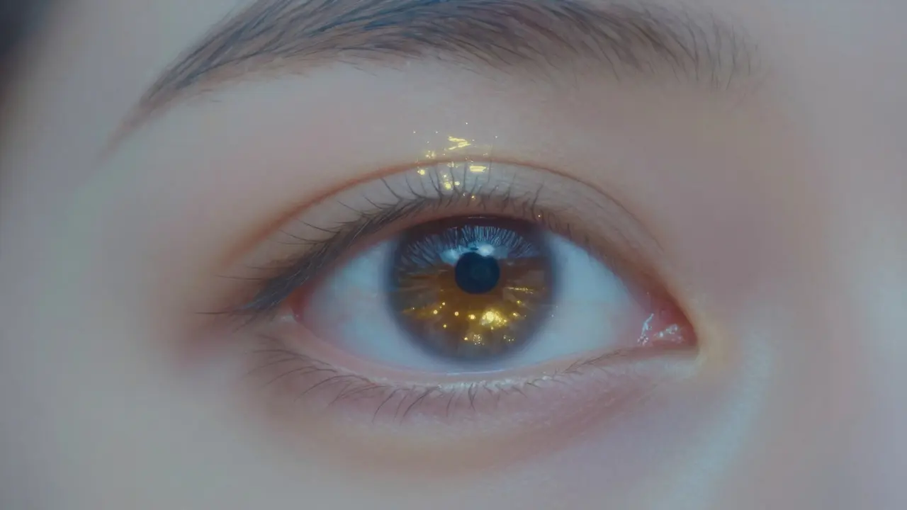 Blízký pohled na oko, které odráží klidný kraj—symbol vnitřního klidu obnoveného díky estetické změně.