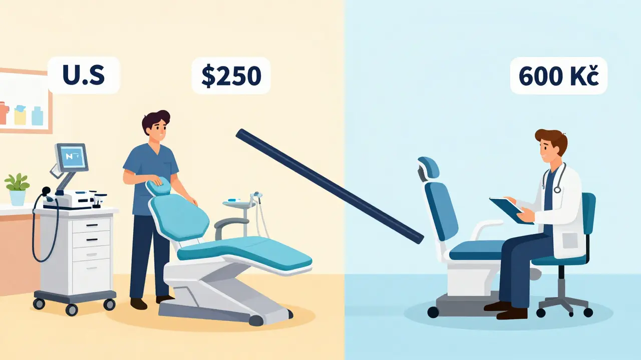 Comparison of dental filling costs between USA and Czech Republic with visual price tags.