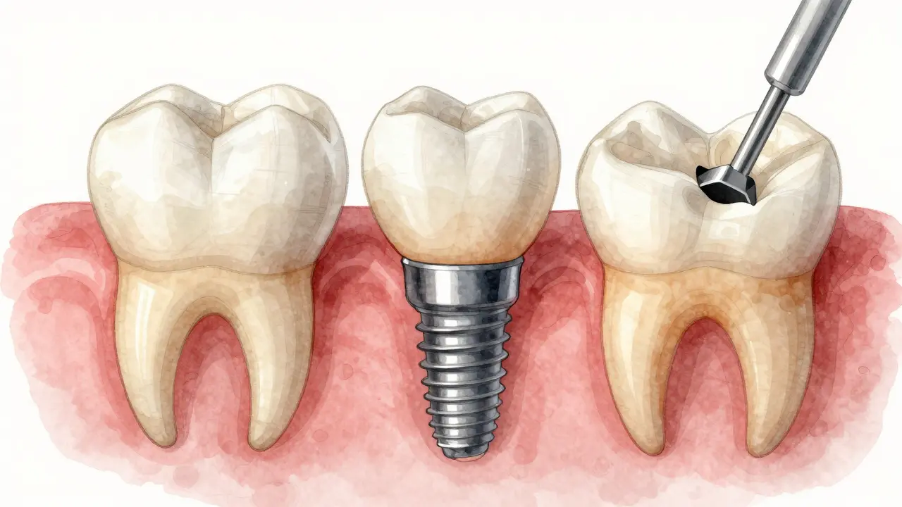 Comparison of dental restoration methods: natural tooth, implant, and bridge, with anatomical details highlighted.