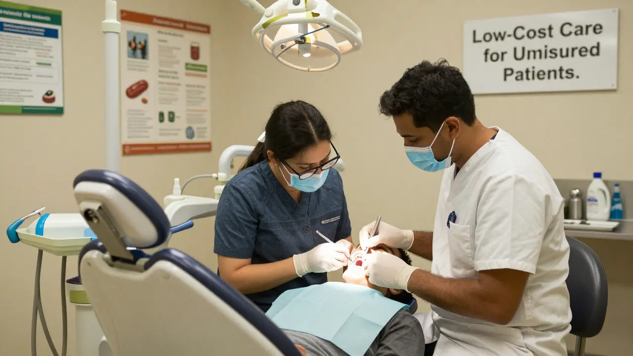 Dental student performing a filling under supervision in a university clinic for uninsured patients.