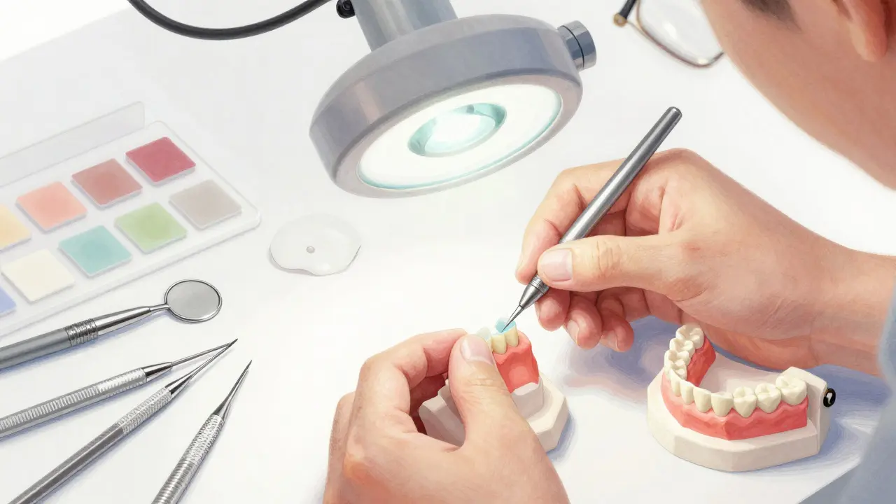 Dentální technik přesně umisťuje keramickou fazetu na model zubu v laboratoři s nástroji a otisky kolem.