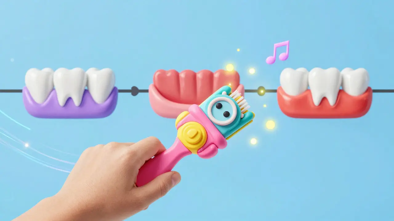 Dítě se čistí zuby sonickým kartáčkem s hudebními vlnami a jasné barvy, symbolizujícími radost z hygieny.