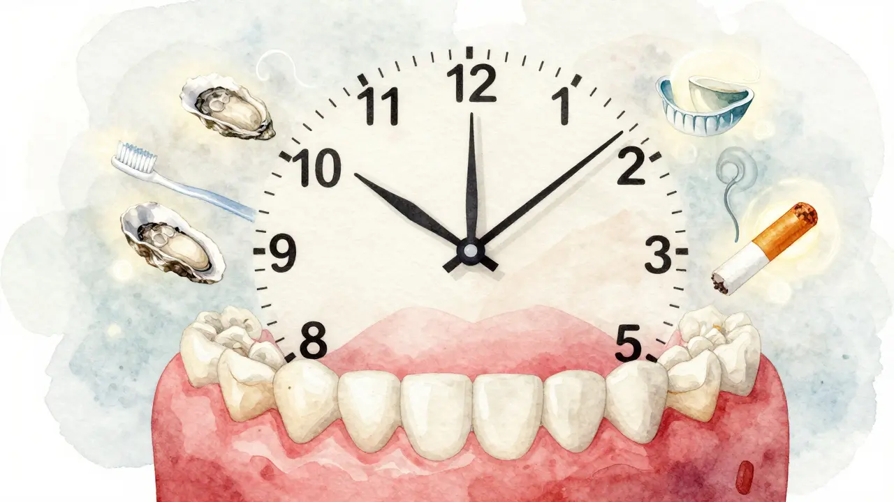 Hodiny v podobě zubního oblouku s ukazateli životnosti můstku a faktory ovlivňujícími jeho trvanlivost.