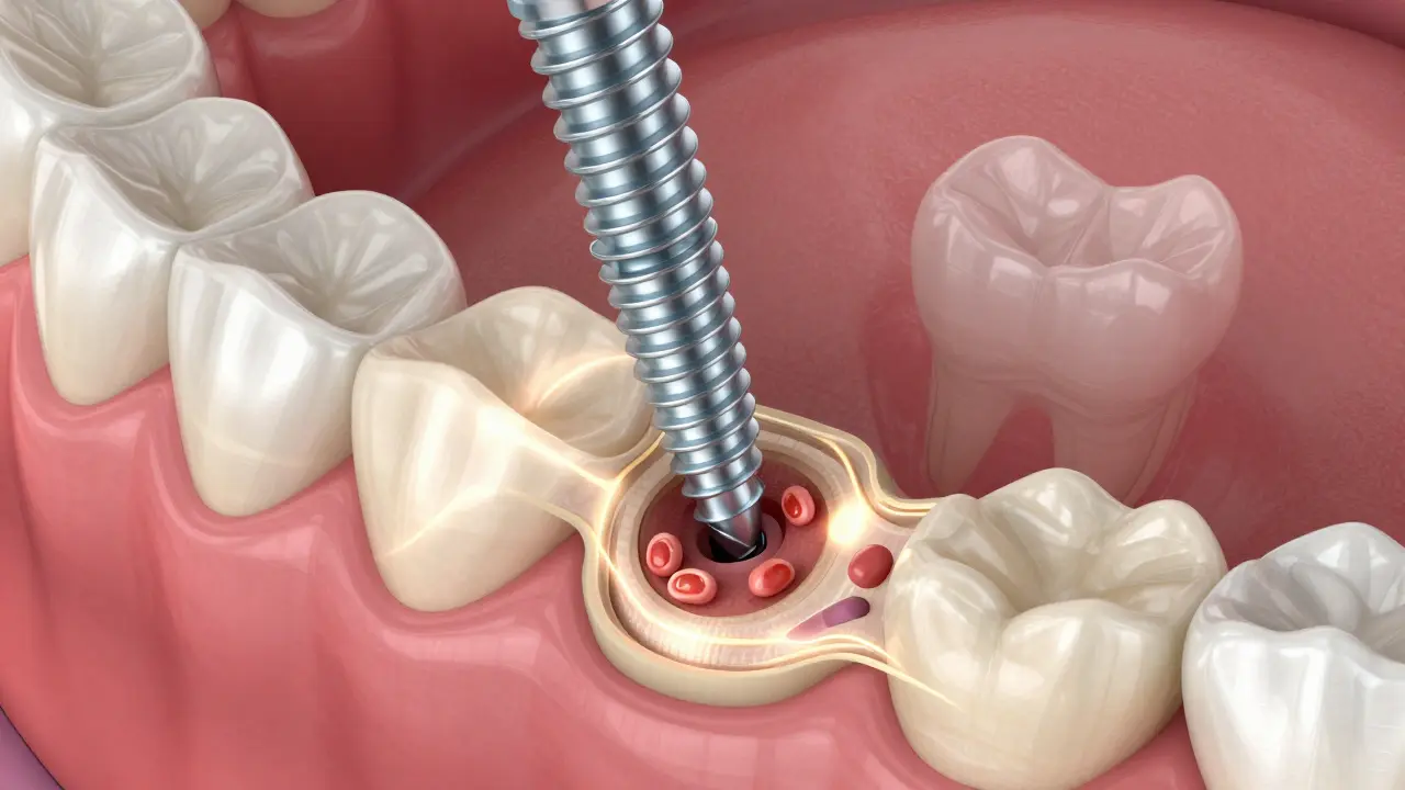 Implantát z titanu se integruje do čelistní kosti s viditelnou obnovou tkáně.