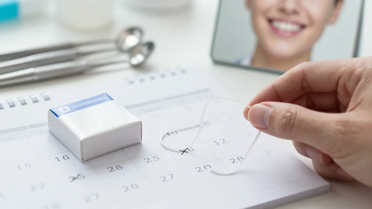 Kalendář s přeškrtnutými dny a nově nasazená gumička, symbolizující pravidelnost léčby.